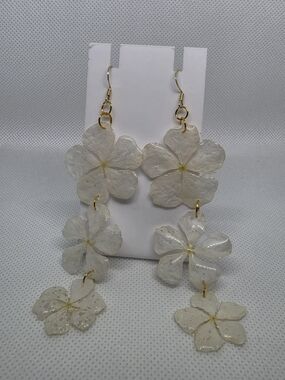 Delicate White Floral Dangle Earrings - Lightweight Resin Petal Design